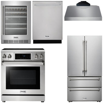 THOR Kitchen Package - 30" Electric Range, Range Hood, Refrigerator, Dishwasher, Wine Cooler, AP-TRE3001-C-3