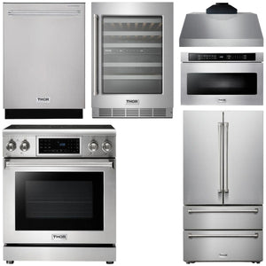 THOR Kitchen Package - 30" Electric Range, Range Hood, Microwave, Refrigerator, Dishwasher, Wine Cooler, AP-TRE3001-C-6