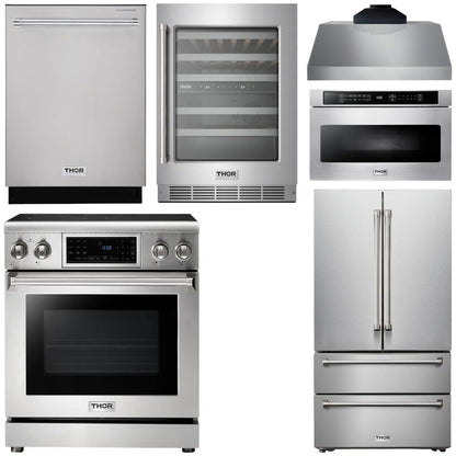 THOR Kitchen Package - 30" Electric Range, Range Hood, Microwave, Refrigerator, Dishwasher, Wine Cooler, AP-TRE3001-C-6