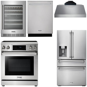 THOR Kitchen Package - 30" Electric Range, Range Hood, Refrigerator with Water and Ice Dispenser, Dishwasher, Wine Cooler, AP-TRE3001-C-8