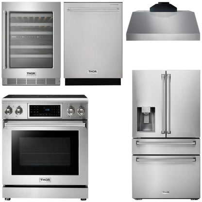 THOR Kitchen Package - 30" Electric Range, Range Hood, Refrigerator with Water and Ice Dispenser, Dishwasher, Wine Cooler, AP-TRE3001-C-8