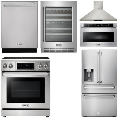 THOR Kitchen Package - 30" Electric Range, Range Hood, Microwave, Refrigerator with Water and Ice Dispenser, Dishwasher, Wine Cooler, AP-TRE3001-W-10