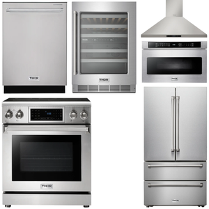 THOR Kitchen Package - 30" Electric Range, Range Hood, Microwave, Refrigerator, Dishwasher, Wine Cooler, AP-TRE3001-W-6