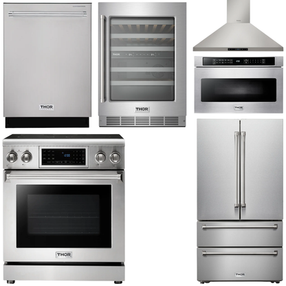 THOR Kitchen Package - 30" Electric Range, Range Hood, Microwave, Refrigerator, Dishwasher, Wine Cooler, AP-TRE3001-W-6