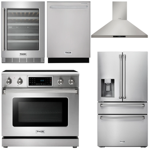 THOR Kitchen Package - 36" Electric Range, Range Hood, Refrigerator with Water and Ice Dispenser, Dishwasher, Wine Cooler, AP-TRE3601-11