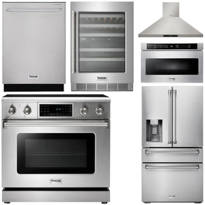 THOR Kitchen Package - 36" Electric Range, Range Hood, Microwave, Refrigerator with Water and Ice Dispenser, Dishwasher, Wine Cooler, AP-TRE3601-14