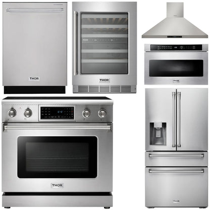 THOR Kitchen Package - 36" Electric Range, Range Hood, Microwave, Refrigerator with Water and Ice Dispenser, Dishwasher, Wine Cooler, AP-TRE3601-14