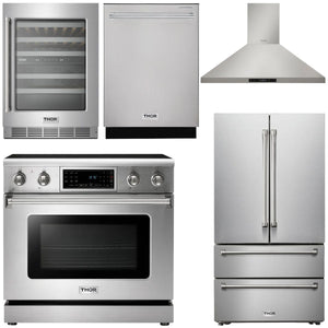 THOR Kitchen Package - 36" Electric Range, Range Hood, Refrigerator, Dishwasher, Wine Cooler, AP-TRE3601-4
