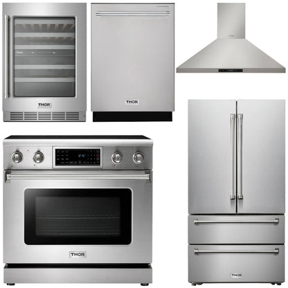 THOR Kitchen Package - 36" Electric Range, Range Hood, Refrigerator, Dishwasher, Wine Cooler, AP-TRE3601-4