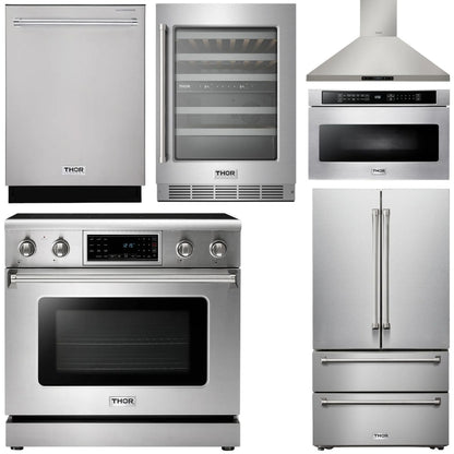 THOR Kitchen Package - 36" Electric Range, Range Hood, Microwave, Refrigerator, Dishwasher, Wine Cooler, AP-TRE3601-8