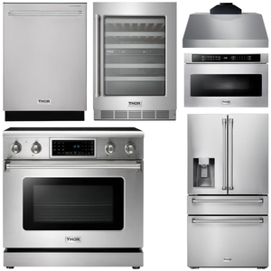 THOR Kitchen Package - 36" Electric Range, Range Hood, Microwave, Refrigerator with Water and Ice Dispenser, Dishwasher, Wine Cooler