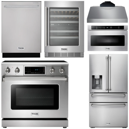 THOR Kitchen Package - 36" Electric Range, Range Hood, Microwave, Refrigerator with Water and Ice Dispenser, Dishwasher, Wine Cooler