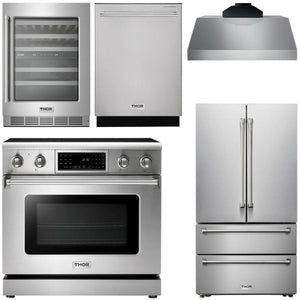 THOR Kitchen Package - 36" Electric Range, Range Hood, Refrigerator, Dishwasher, Wine Cooler, AP-TRE3601-C-3