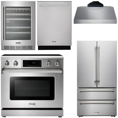 THOR Kitchen Package - 36" Electric Range, Range Hood, Refrigerator, Dishwasher, Wine Cooler, AP-TRE3601-C-3