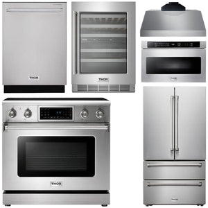 THOR Kitchen Package - 36" Electric Range, Range Hood, Microwave, Refrigerator, Dishwasher, Wine Cooler, AP-TRE3601-C-6