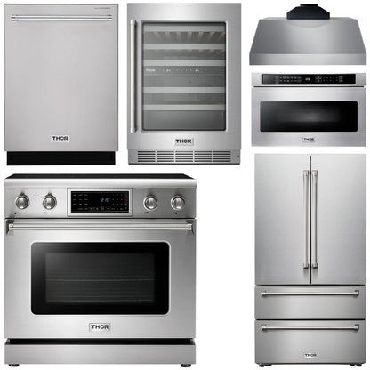 THOR Kitchen Package - 36" Electric Range, Range Hood, Microwave, Refrigerator, Dishwasher, Wine Cooler, AP-TRE3601-C-6