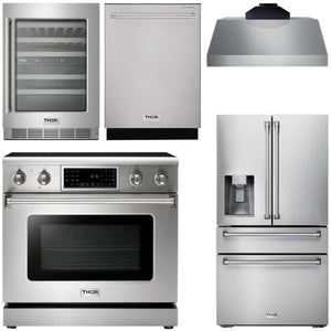 THOR Kitchen Package - 36" Electric Range, Range Hood, Refrigerator with Water and Ice Dispenser, Dishwasher, Wine Cooler, AP-TRE3601-C-8