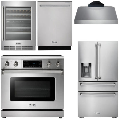 THOR Kitchen Package - 36" Electric Range, Range Hood, Refrigerator with Water and Ice Dispenser, Dishwasher, Wine Cooler, AP-TRE3601-C-8