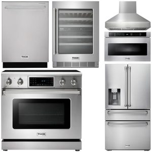 THOR Kitchen Package - 36" Electric Range, Range Hood, Microwave, Refrigerator with Water and Ice Dispenser, Dishwasher, Wine Cooler, AP-TRE3601-W-10