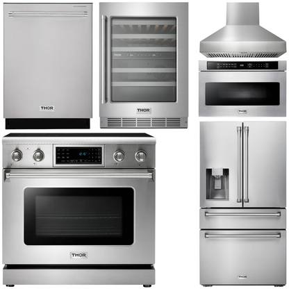 THOR Kitchen Package - 36" Electric Range, Range Hood, Microwave, Refrigerator with Water and Ice Dispenser, Dishwasher, Wine Cooler, AP-TRE3601-W-10