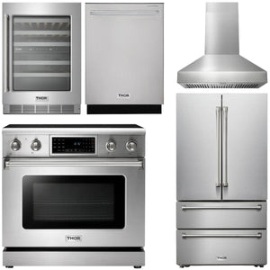 THOR Kitchen Package - 36" Electric Range, Range Hood, Refrigerator, Dishwasher, Wine Cooler, AP-TRE3601-W-3