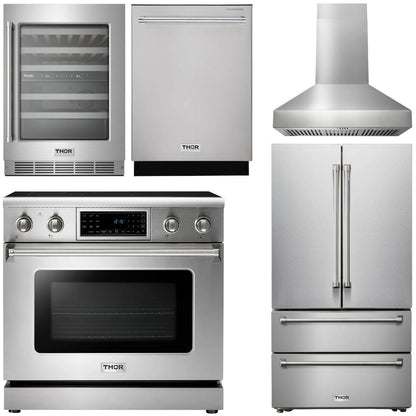 THOR Kitchen Package - 36" Electric Range, Range Hood, Refrigerator, Dishwasher, Wine Cooler, AP-TRE3601-W-3