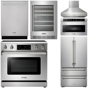 THOR Kitchen Package - 36" Electric Range, Range Hood, Microwave, Refrigerator, Dishwasher, Wine Cooler, AP-TRE3601-W-6