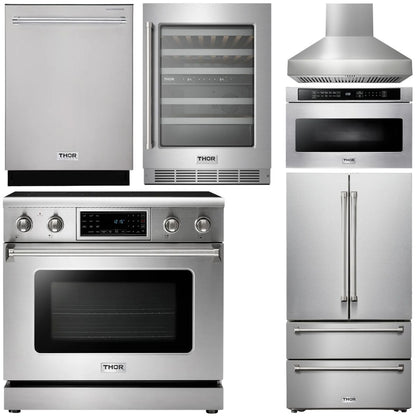 THOR Kitchen Package - 36" Electric Range, Range Hood, Microwave, Refrigerator, Dishwasher, Wine Cooler, AP-TRE3601-W-6