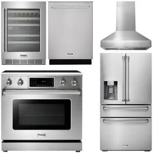 THOR Kitchen Package - 36" Electric Range, Range Hood, Refrigerator with Water and Ice Dispenser, Dishwasher, Wine Cooler, AP-TRE3601-W-8