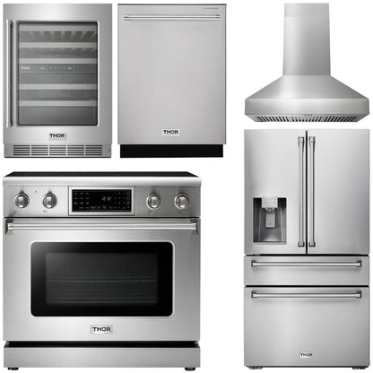 THOR Kitchen Package - 36" Electric Range, Range Hood, Refrigerator with Water and Ice Dispenser, Dishwasher, Wine Cooler, AP-TRE3601-W-8