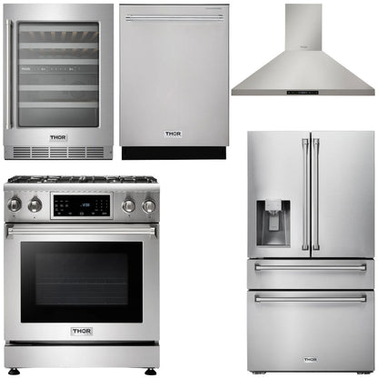 THOR Kitchen Package - 30" Gas Range, Range Hood, Refrigerator with Water and Ice Dispenser, Dishwasher, Wine Cooler, AP-TRG3001-11