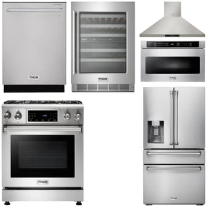 THOR Kitchen Package - 30" Gas Range, Range Hood, Microwave, Refrigerator with Water and Ice Dispenser, Dishwasher, Wine Cooler, AP-TRG3001-14