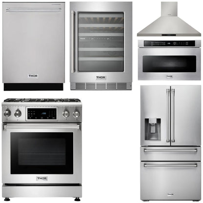 THOR Kitchen Package - 30" Gas Range, Range Hood, Microwave, Refrigerator with Water and Ice Dispenser, Dishwasher, Wine Cooler, AP-TRG3001-14