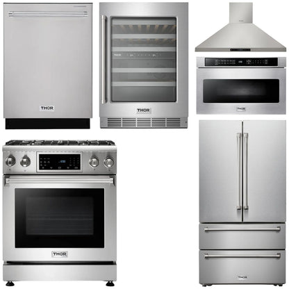 THOR Kitchen Package - 30" Gas Range, Range Hood, Microwave, Refrigerator, Dishwasher, Wine Cooler, AP-TRG3001-8