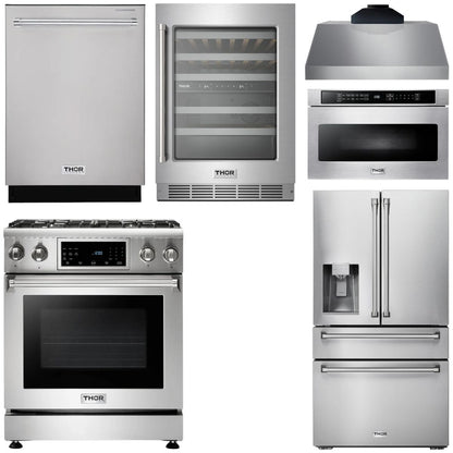THOR Kitchen Package - 30" Gas Range, Range Hood, Microwave, Refrigerator with Water and Ice Dispenser, Dishwasher, Wine Cooler, AP-TRG3001-C-10