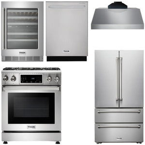 THOR Kitchen Package - 30" Gas Range, Range Hood, Refrigerator, Dishwasher, Wine Cooler, AP-TRG3001-C-3