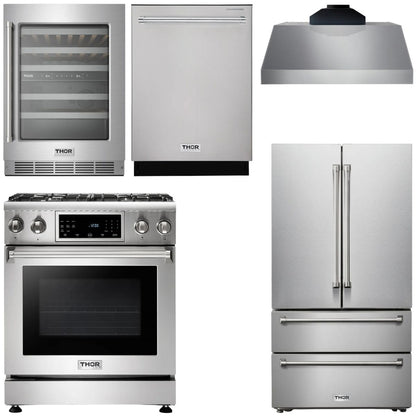THOR Kitchen Package - 30" Gas Range, Range Hood, Refrigerator, Dishwasher, Wine Cooler, AP-TRG3001-C-3