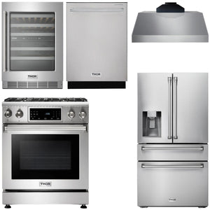 THOR Kitchen Package - 30" Gas Range, Range Hood, Refrigerator with Water and Ice Dispenser, Dishwasher, Wine Cooler, AP-TRG3001-C-8