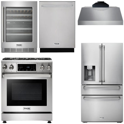 THOR Kitchen Package - 30" Gas Range, Range Hood, Refrigerator with Water and Ice Dispenser, Dishwasher, Wine Cooler, AP-TRG3001-C-8