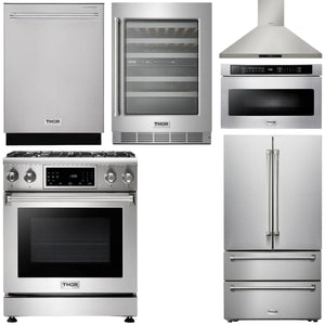 THOR Kitchen Package - 30" Gas Range, Range Hood, Microwave, Refrigerator, Dishwasher, Wine Cooler, AP-TRG3001-W-6