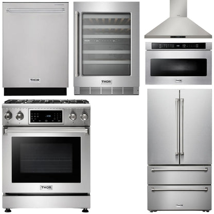 THOR Kitchen Package - 30" Gas Range, Range Hood, Microwave, Refrigerator, Dishwasher, Wine Cooler, AP-TRG3001-W-6