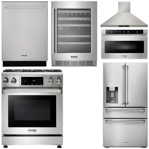 THOR Kitchen Package - 30" Propane Gas Range, Range Hood, Microwave, Refrigerator, Dishwasher, Wine Cooler