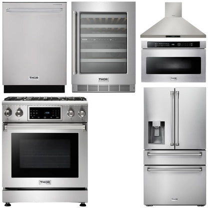 THOR Kitchen Package - 30" Propane Gas Range, Range Hood, Microwave, Refrigerator, Dishwasher, Wine Cooler