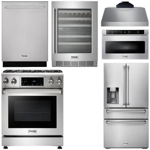 THOR Kitchen Package - 30" Propane Gas Range, Range Hood, Microwave, Refrigerator with Water and Ice Dispenser, Dishwasher, Wine Cooler