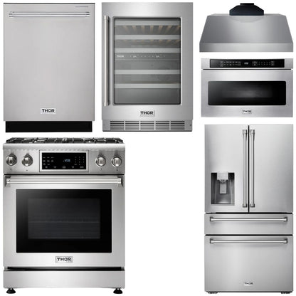 THOR Kitchen Package - 30" Propane Gas Range, Range Hood, Microwave, Refrigerator with Water and Ice Dispenser, Dishwasher, Wine Cooler