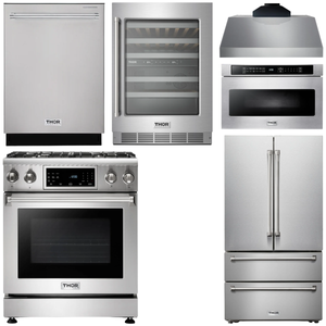 THOR Kitchen Package - 30 In. Gas Range, Range Hood, Microwave Drawer, Refrigerator, Dishwasher, Wine Cooler, AP-TRG3001LP-C-6