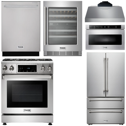 THOR Kitchen Package - 30 In. Gas Range, Range Hood, Microwave Drawer, Refrigerator, Dishwasher, Wine Cooler, AP-TRG3001LP-C-6