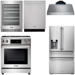 THOR Kitchen Package - 30 In. Propane Gas Range, Range Hood, Refrigerator with Water and Ice Dispenser, Dishwasher, Wine Cooler, AP-TRG3001LP-C-8