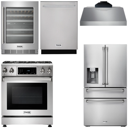 THOR Kitchen Package - 30 In. Propane Gas Range, Range Hood, Refrigerator with Water and Ice Dispenser, Dishwasher, Wine Cooler, AP-TRG3001LP-C-8