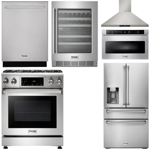 THOR Package - 30" Gas Range, Range Hood, Microwave, Refrigerator with Water & Ice Dispenser, Dishwasher, Wine Cooler